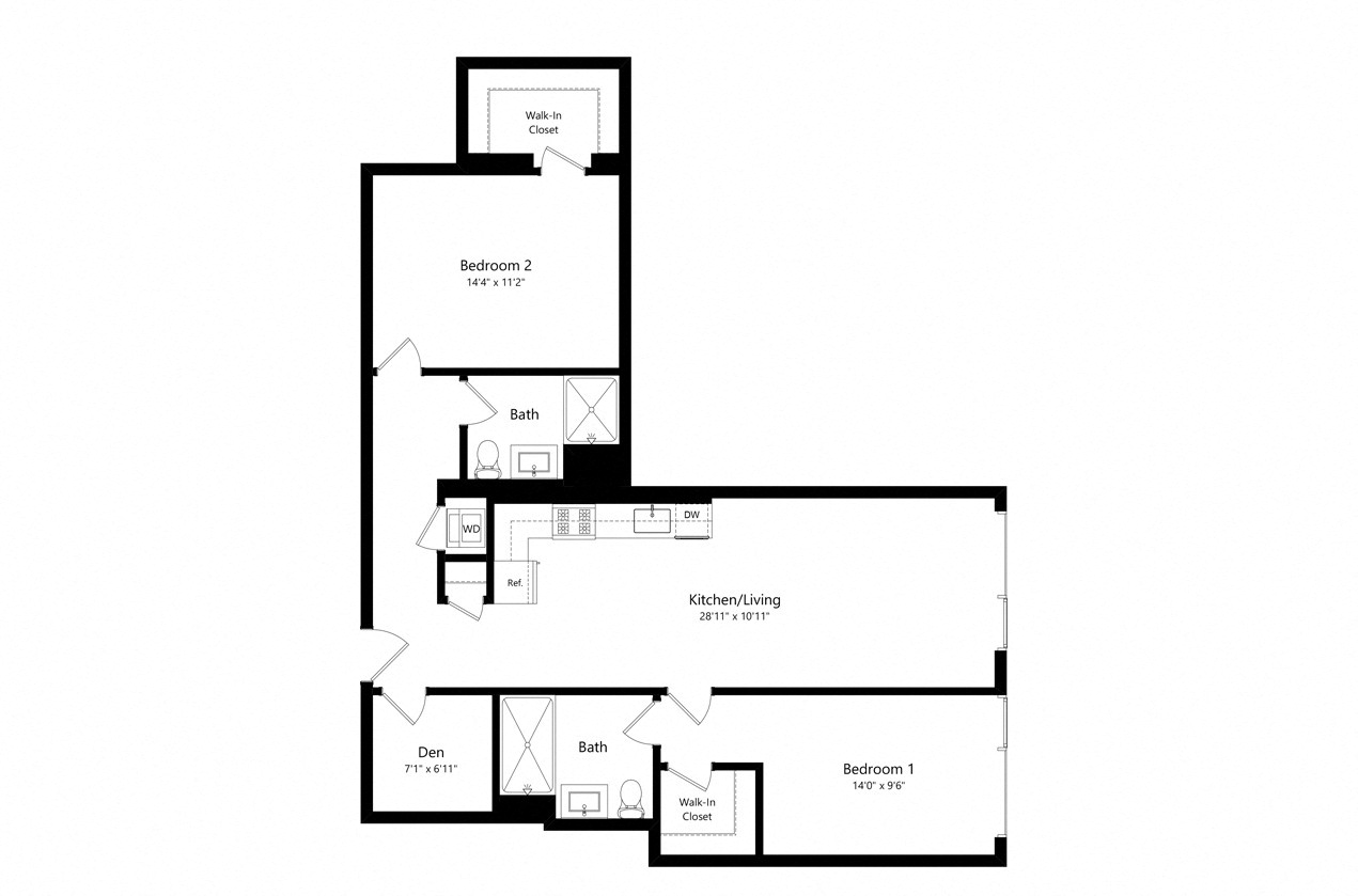 Floor plan for 2 beds, 2.5 baths, 1065 sqft
